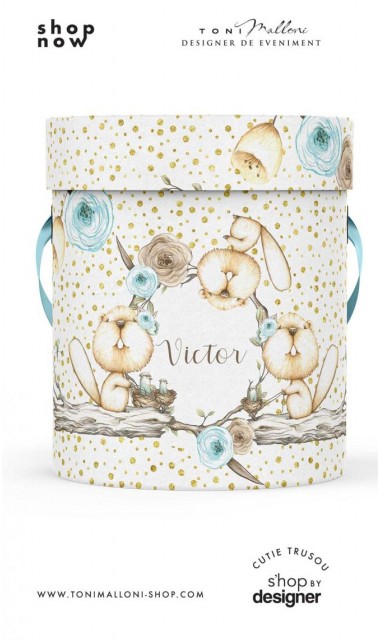 Cutie rotunda personalizata din mucava pentru trusou botez baieti Domnul Castor 1